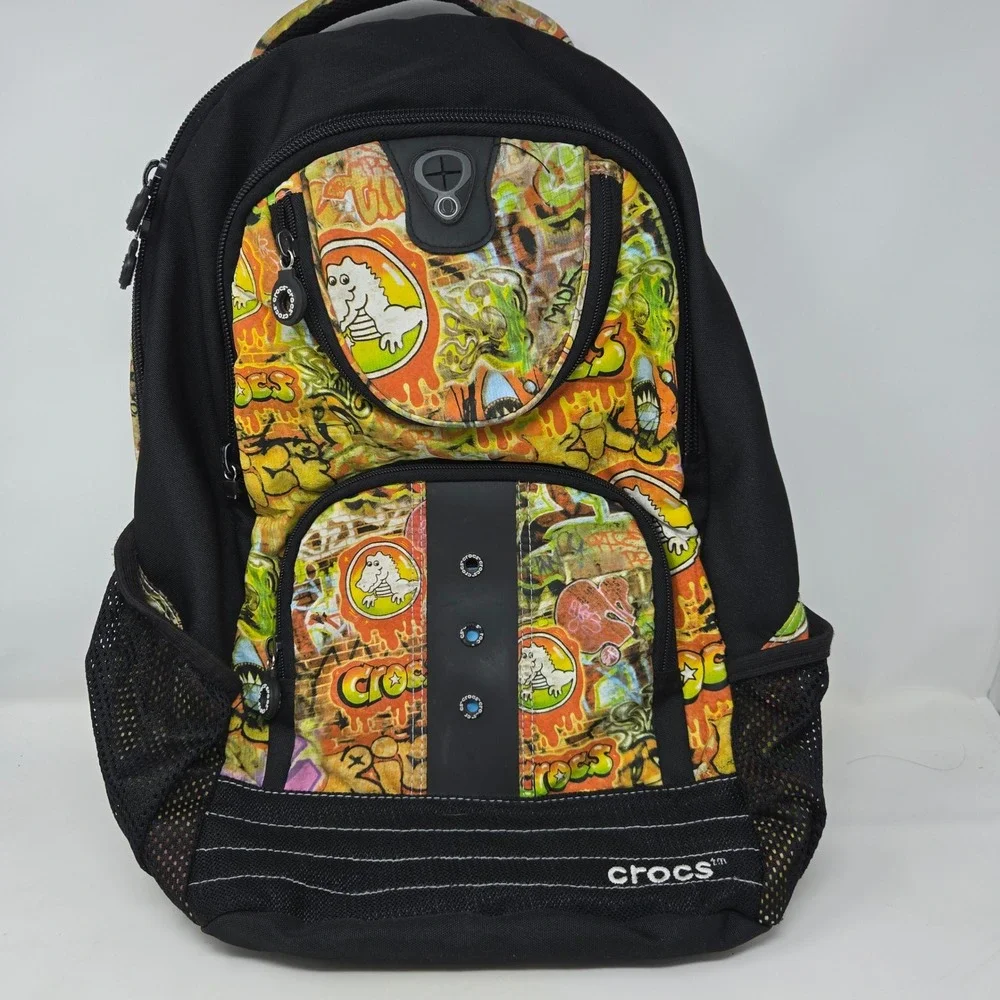 Crocs Graffiti Print Backpack Black Orange Green Jibbitz Charms Holes School Bag